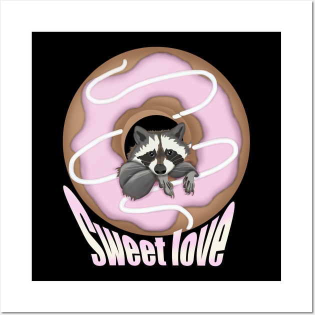 Sweet Love Cute raccoon and Yummy donut Pink Wall Art by KateQR